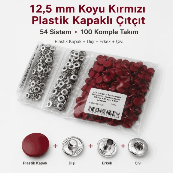 12,5 mm Koyu Kırmızı Plastik Kapaklı 54 Sistem Çıtçıt, bebek ve çocuk giyimi için ideal, dört parçalı kapama sistemi