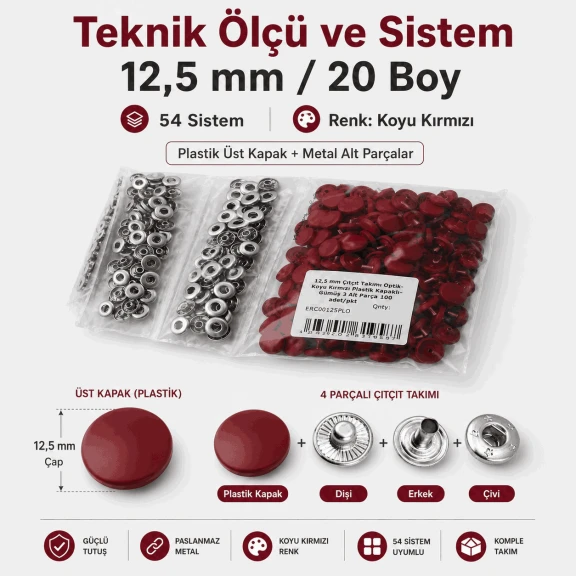 12,5 mm Koyu Kırmızı Plastik Kapaklı 54 Sistem Çıtçıt, bebek ve çocuk giyimi için ideal, dört parçalı kapama sistemi