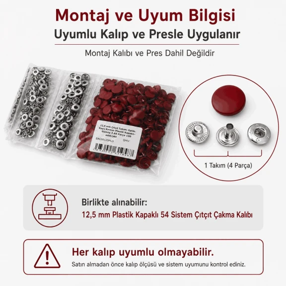 12,5 mm Koyu Kırmızı Plastik Kapaklı 54 Sistem Çıtçıt, bebek ve çocuk giyimi için ideal, dört parçalı kapama sistemi