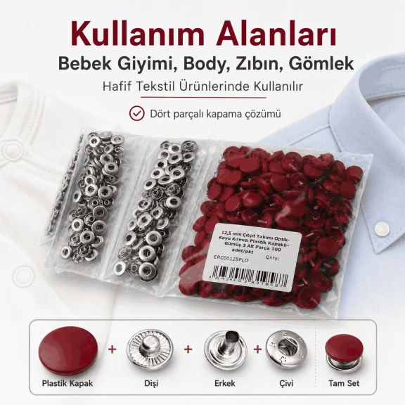 12,5 mm Koyu Kırmızı Plastik Kapaklı 54 Sistem Çıtçıt, bebek ve çocuk giyimi için ideal, dört parçalı kapama sistemi