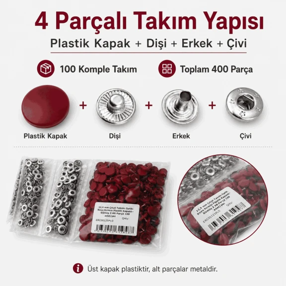 12,5 mm Koyu Kırmızı Plastik Kapaklı 54 Sistem Çıtçıt, bebek ve çocuk giyimi için ideal, dört parçalı kapama sistemi