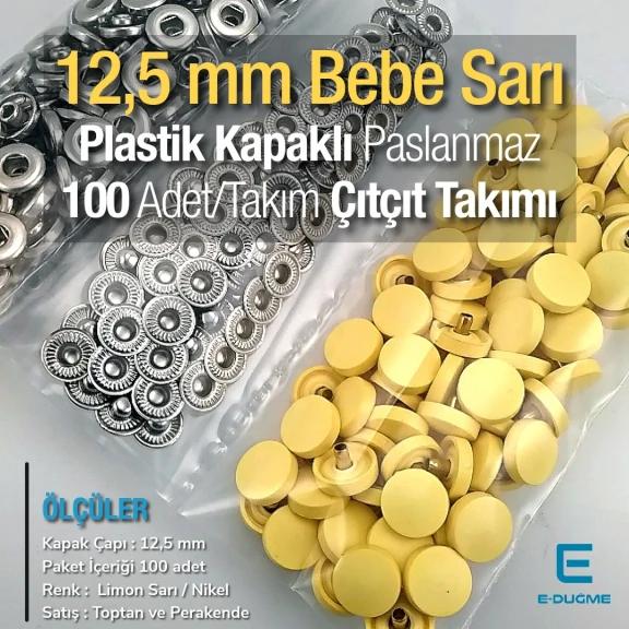 12,5 mm Çıtçıt Takımı Limon Sarısı Plastik Kapaklı - Gümüş 3 Alt Parça 100 adet/pkt ERC00125PLLSarı