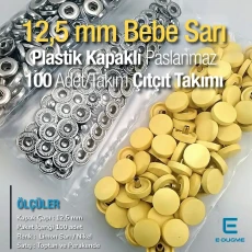 12,5 mm Çıtçıt Takımı Limon Sarısı Plastik Kapaklı - Gümüş 3 Alt Parça 100 adet/pkt ERC00125PLLSarı