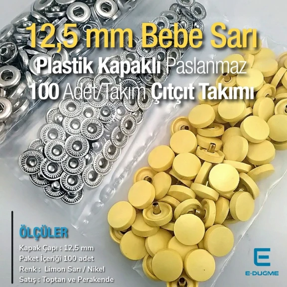12,5 mm Çıtçıt Takımı Limon Sarısı Plastik Kapaklı - Gümüş 3 Alt Parça 100 adet/pkt ERC00125PLLSarı