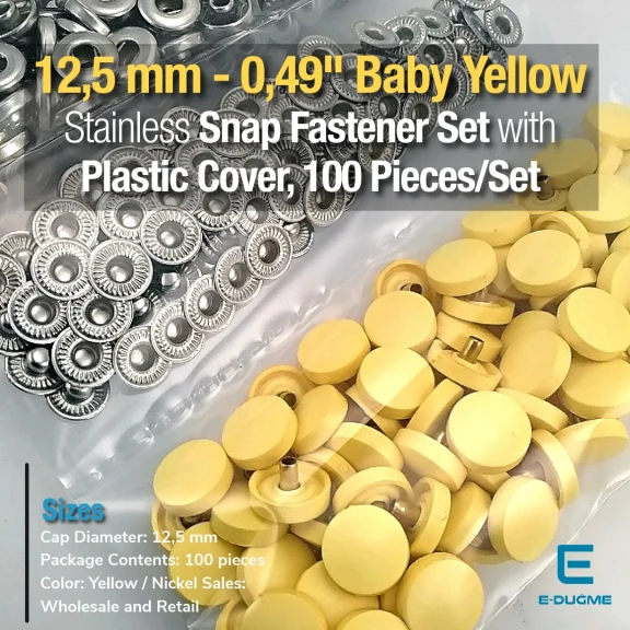 12,5 mm Çıtçıt Takımı Limon Sarısı Plastik Kapaklı - Gümüş 3 Alt Parça 100 adet/pkt ERC00125PLLSarı