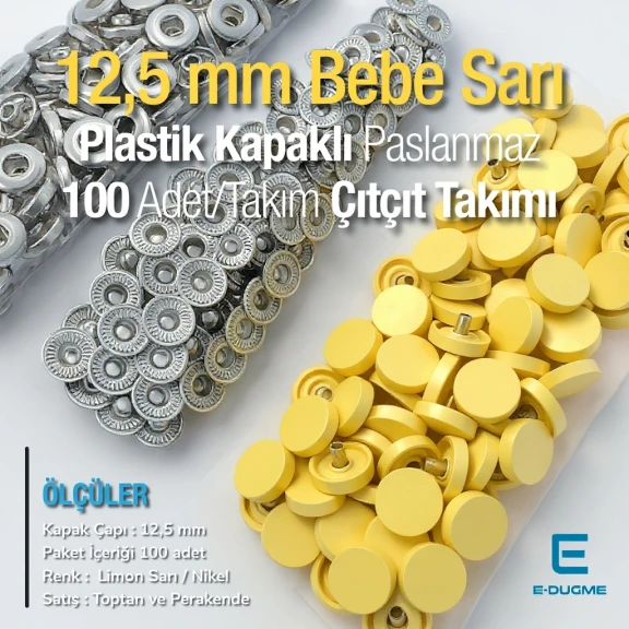 12,5 mm Çıtçıt Takımı Limon Sarısı Plastik Kapaklı - Gümüş 3 Alt Parça 100 adet/pkt ERC00125PLLSarı