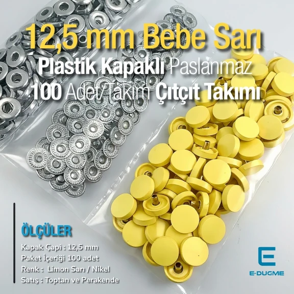 12,5 mm Çıtçıt Takımı Limon Sarısı Plastik Kapaklı - Gümüş 3 Alt Parça 100 adet/pkt ERC00125PLLSarı