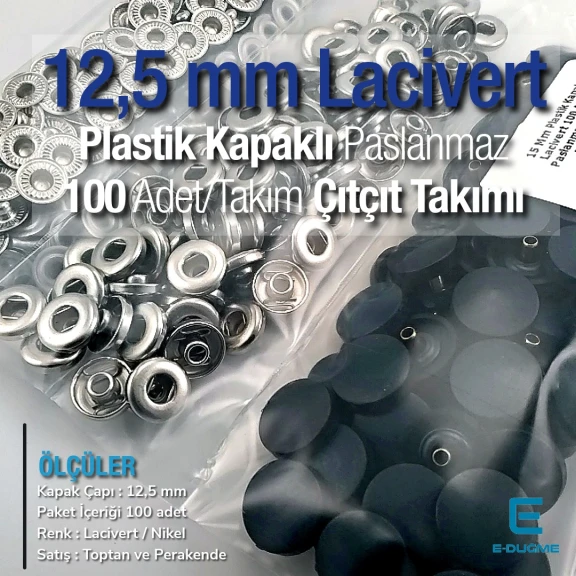 12,5 mm Çıtçıt Takımı Lacivert Plastik Kapaklı - Gümüş 3 Alt Parça 100 adet/pkt ERC00125PLLaci