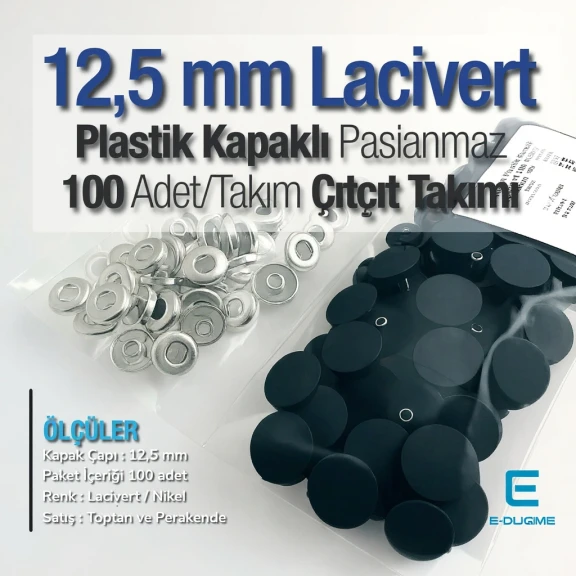 12,5 mm Çıtçıt Takımı Lacivert Plastik Kapaklı - Gümüş 3 Alt Parça 100 adet/pkt ERC00125PLLaci