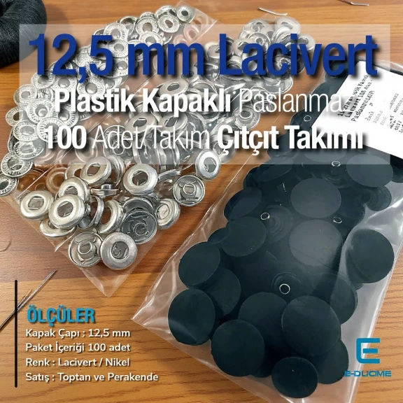 12,5 mm Çıtçıt Takımı Lacivert Plastik Kapaklı - Gümüş 3 Alt Parça 100 adet/pkt ERC00125PLLaci