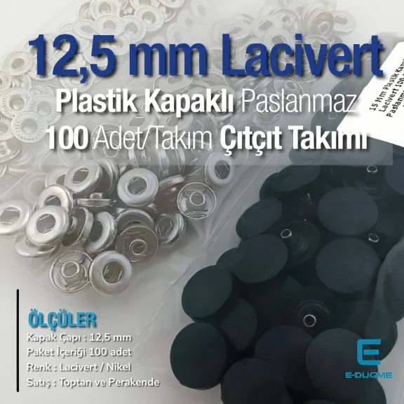 12,5 mm Çıtçıt Takımı Lacivert Plastik Kapaklı - Gümüş 3 Alt Parça 100 adet/pkt ERC00125PLLaci