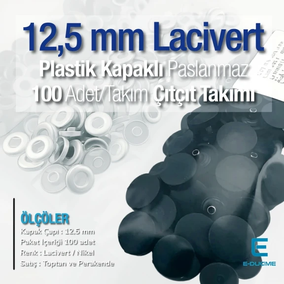 12,5 mm Çıtçıt Takımı Lacivert Plastik Kapaklı - Gümüş 3 Alt Parça 100 adet/pkt ERC00125PLLaci