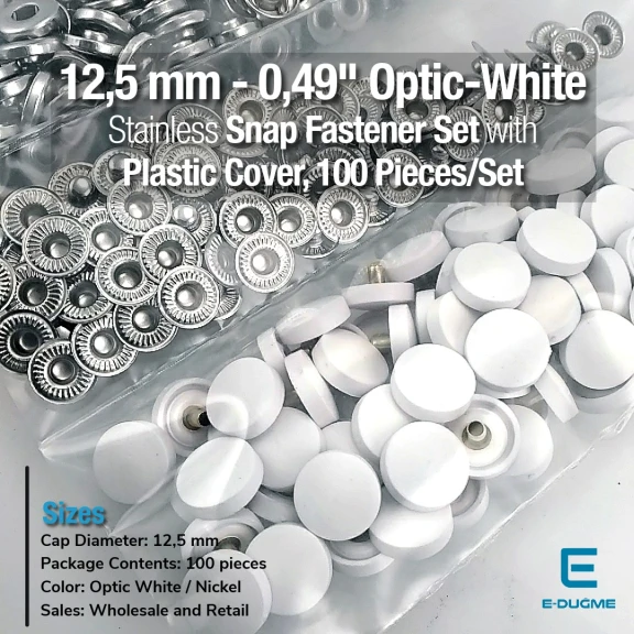 12,5 mm Çıtçıt Takımı Optik Beyaz Plastik Kapaklı - Gümüş 3 Alt Parça 100 adet/pkt ERC00125PLOBeyaz