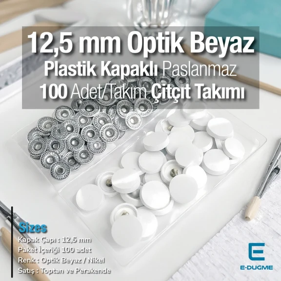 12,5 mm Çıtçıt Takımı Optik Beyaz Plastik Kapaklı - Gümüş 3 Alt Parça 100 adet/pkt ERC00125PLOBeyaz
