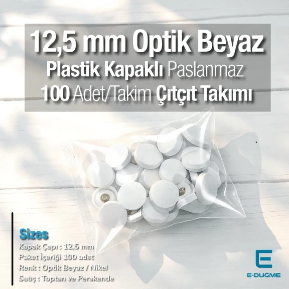 12,5 mm Çıtçıt Takımı Optik Beyaz Plastik Kapaklı - Gümüş 3 Alt Parça 100 adet/pkt ERC00125PLOBeyaz