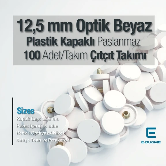 12,5 mm Çıtçıt Takımı Optik Beyaz Plastik Kapaklı - Gümüş 3 Alt Parça 100 adet/pkt ERC00125PLOBeyaz
