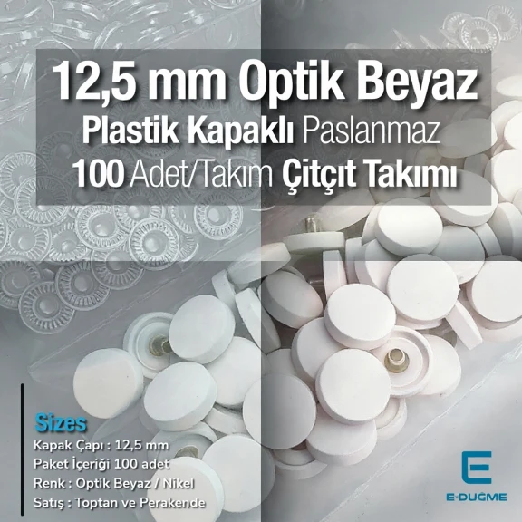 12,5 mm Çıtçıt Takımı Optik Beyaz Plastik Kapaklı - Gümüş 3 Alt Parça 100 adet/pkt ERC00125PLOBeyaz