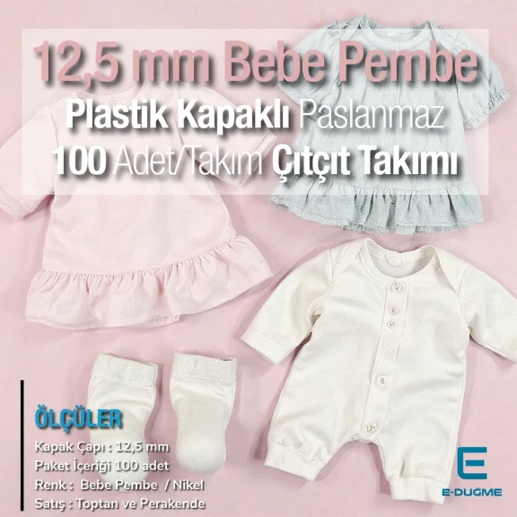 Plastik Kapaklı 12,5 mm Çıtçıt Takımı Pudra - Pembe - Gümüş 3 Alt Parça 100 adet/pkt ERC00125PLPembe