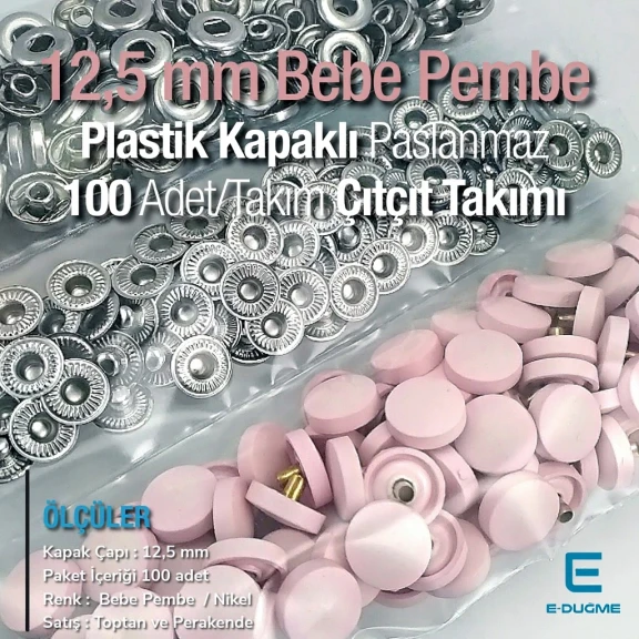 Plastik Kapaklı 12,5 mm Çıtçıt Takımı Pudra - Pembe - Gümüş 3 Alt Parça 100 adet/pkt ERC00125PLPembe