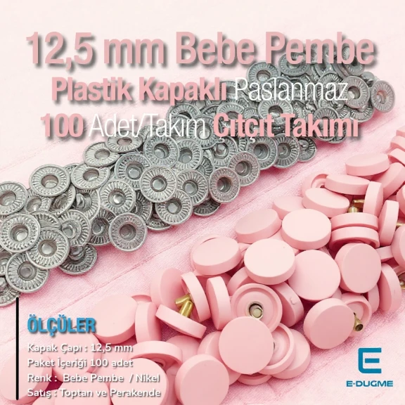 Plastik Kapaklı 12,5 mm Çıtçıt Takımı Pudra - Pembe - Gümüş 3 Alt Parça 100 adet/pkt ERC00125PLPembe