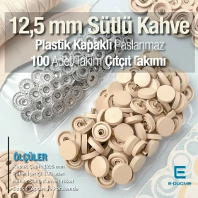 Snap Fastener Set with12.5 mm - 0,49" Coffee Milk Plastic Cap - Silver 3 Bottom Pieces 100 pieces/pack ERC00125PLSKahve