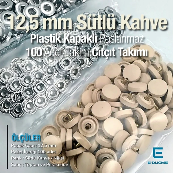 Plastik Kapaklı 12,5 mm Çıtçıt Takımı Sütlü Kahve - Gümüş 3 Alt Parça 100 adet/pkt ERC00125PLSKahve
