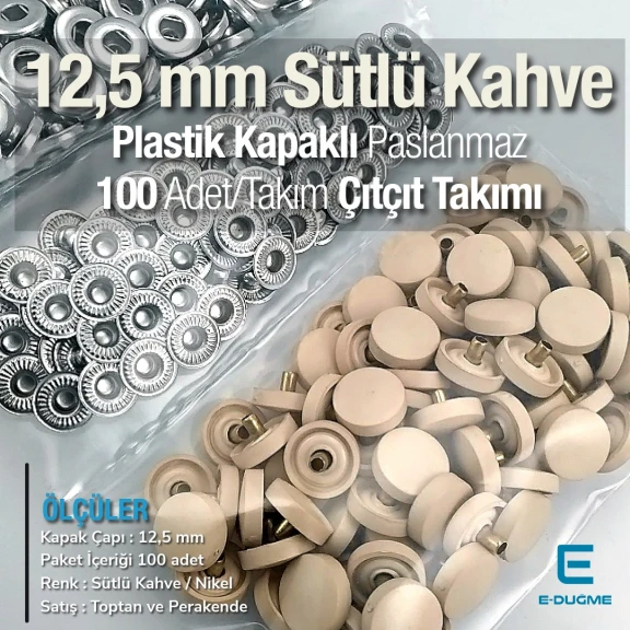 Plastik Kapaklı 12,5 mm Çıtçıt Takımı Sütlü Kahve - Gümüş 3 Alt Parça 100 adet/pkt ERC00125PLSKahve