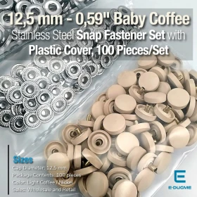 Snap Fastener Set with12.5 mm - 0,49" Coffee Milk Plastic Cap - Silver 3 Bottom Pieces 100 pieces/pack ERC00125PLSKahve