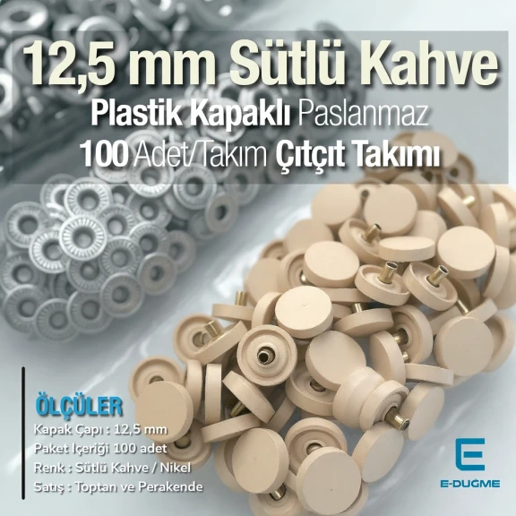 Plastik Kapaklı 12,5 mm Çıtçıt Takımı Sütlü Kahve - Gümüş 3 Alt Parça 100 adet/pkt ERC00125PLSKahve