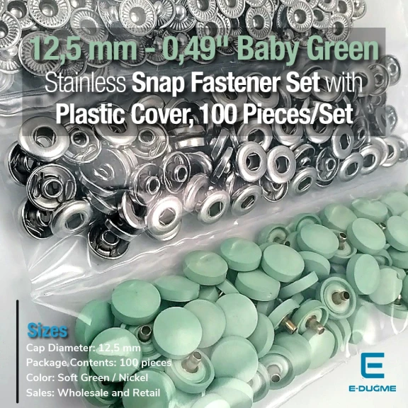 Plastik Kapaklı 12,5 mm Çıtçıt Takımı Soft Yeşil - Pastel Yeşil - Gümüş 3 Alt Parça 100 adet/pkt ERC00125PLSYesil