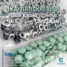 Plastik Kapaklı 12,5 mm Çıtçıt Takımı Soft Yeşil - Pastel Yeşil - Gümüş 3 Alt Parça 100 adet/pkt ERC00125PLSYesil