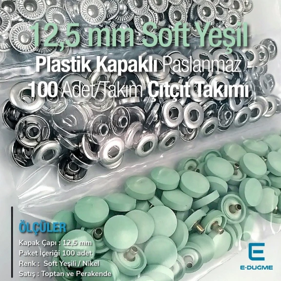 Plastik Kapaklı 12,5 mm Çıtçıt Takımı Soft Yeşil - Pastel Yeşil - Gümüş 3 Alt Parça 100 adet/pkt ERC00125PLSYesil