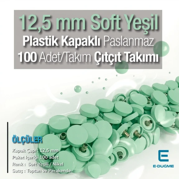 Plastik Kapaklı 12,5 mm Çıtçıt Takımı Soft Yeşil - Pastel Yeşil - Gümüş 3 Alt Parça 100 adet/pkt ERC00125PLSYesil