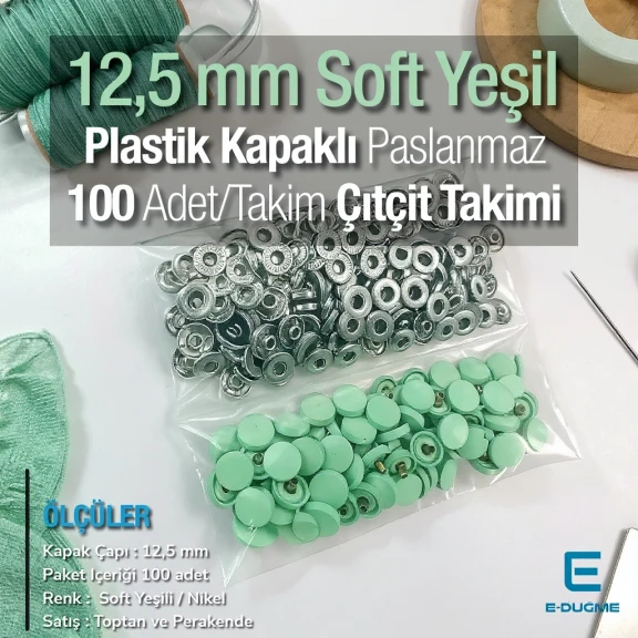 Plastik Kapaklı 12,5 mm Çıtçıt Takımı Soft Yeşil - Pastel Yeşil - Gümüş 3 Alt Parça 100 adet/pkt ERC00125PLSYesil