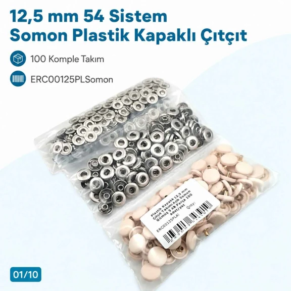 12.5 mm / 0.49 in 54 System Light Salmon Plastic Capped Snap Fastener for babywear and lightweight textile applications
