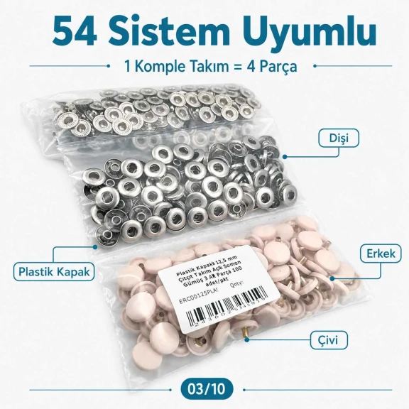 12.5 mm / 0.49 in 54 System Light Salmon Plastic Capped Snap Fastener for babywear and lightweight textile applications