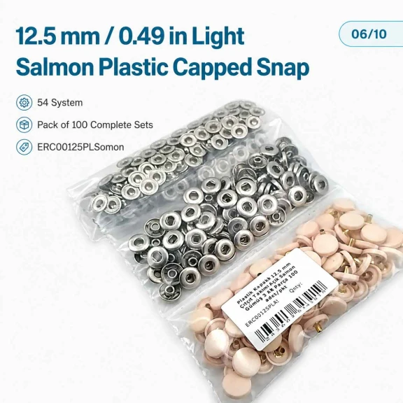 12.5 mm / 0.49 in 54 System Light Salmon Plastic Capped Snap Fastener for babywear and lightweight textile applications