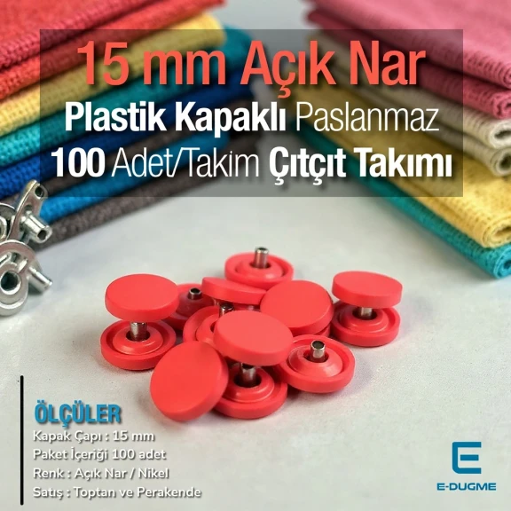 15 mm Çıtçıt Takımı Plastik Kapaklı Açık Nar 100 adet/pkt ERC0015PLANar