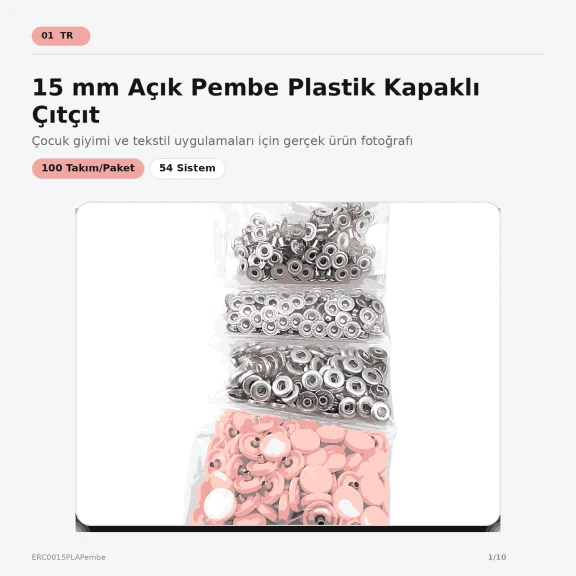 15 mm Açık Pembe Plastik Kapaklı Çıtçıt, çocuk giyimi, mont, çanta ve ev tekstili için ideal dört parçalı tekstil aksesuarı
