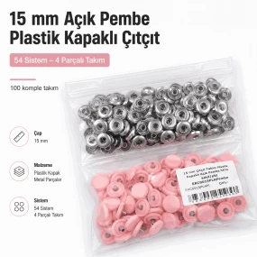 15 mm 54 Sistem Açık Pembe Plastik Kapaklı Çıtçıt 100 Takım ERC0015PLAPembe