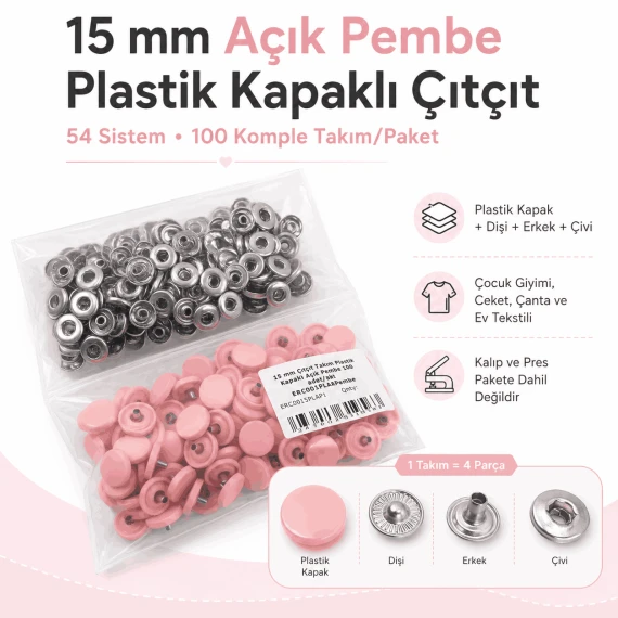 15 mm 54 Sistem Açık Pembe Plastik Kapaklı Çıtçıt 100 Takım ERC0015PLAPembe