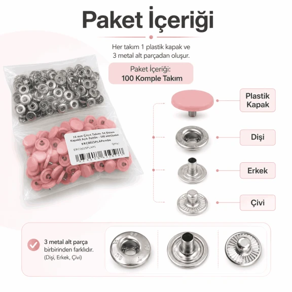 15 mm Açık Pembe Plastik Kapaklı Çıtçıt, çocuk giyimi, mont, çanta ve ev tekstili için ideal dört parçalı tekstil aksesuarı