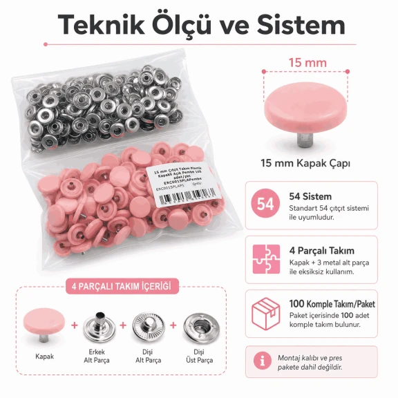 15 mm Açık Pembe Plastik Kapaklı Çıtçıt, çocuk giyimi, mont, çanta ve ev tekstili için ideal dört parçalı tekstil aksesuarı