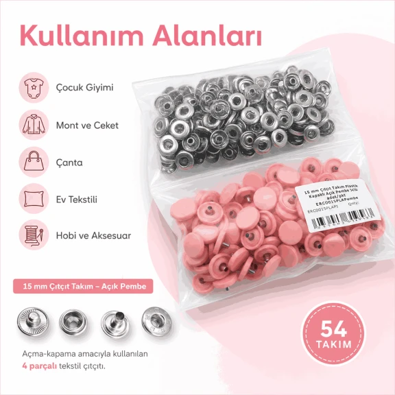 15 mm Açık Pembe Plastik Kapaklı Çıtçıt, çocuk giyimi, mont, çanta ve ev tekstili için ideal dört parçalı tekstil aksesuarı