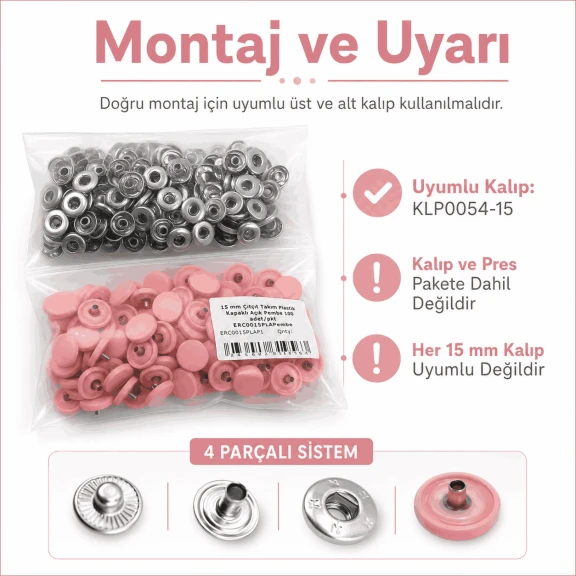 15 mm Açık Pembe Plastik Kapaklı Çıtçıt, çocuk giyimi, mont, çanta ve ev tekstili için ideal dört parçalı tekstil aksesuarı