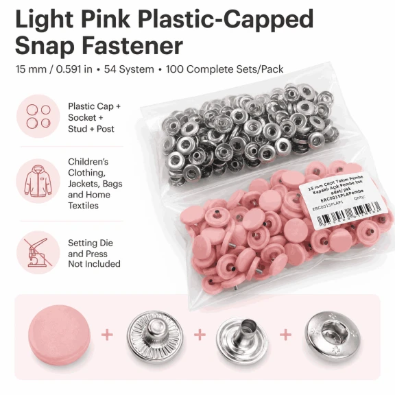 15 mm Açık Pembe Plastik Kapaklı Çıtçıt, çocuk giyimi, mont, çanta ve ev tekstili için ideal dört parçalı tekstil aksesuarı