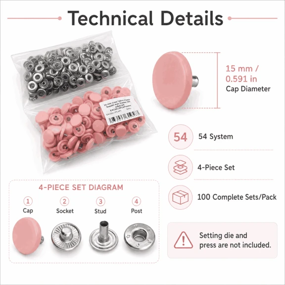 15 mm Açık Pembe Plastik Kapaklı Çıtçıt, çocuk giyimi, mont, çanta ve ev tekstili için ideal dört parçalı tekstil aksesuarı