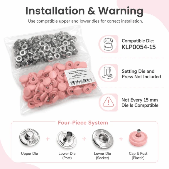 15 mm Açık Pembe Plastik Kapaklı Çıtçıt, çocuk giyimi, mont, çanta ve ev tekstili için ideal dört parçalı tekstil aksesuarı