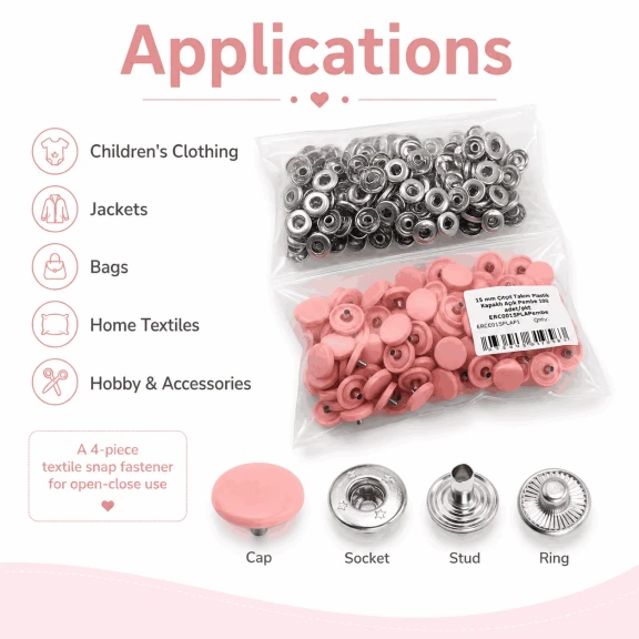15 mm Açık Pembe Plastik Kapaklı Çıtçıt, çocuk giyimi, mont, çanta ve ev tekstili için ideal dört parçalı tekstil aksesuarı