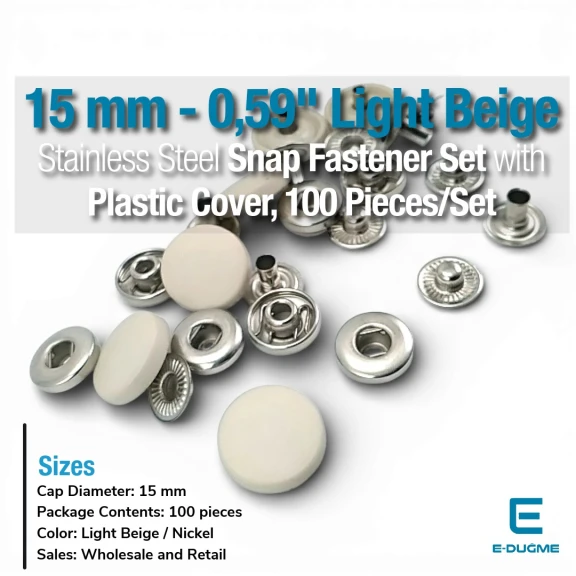 15 mm Plastik Açık Bej Kapaklı Çıtçıt Takımı 100 adet/pkt ERC0015PLAbej